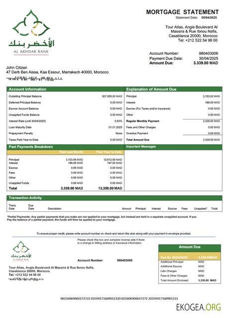 Modèle Word et PDF de relevé hypothécaire de la Banque Al Akhdar Maroc (AAB)